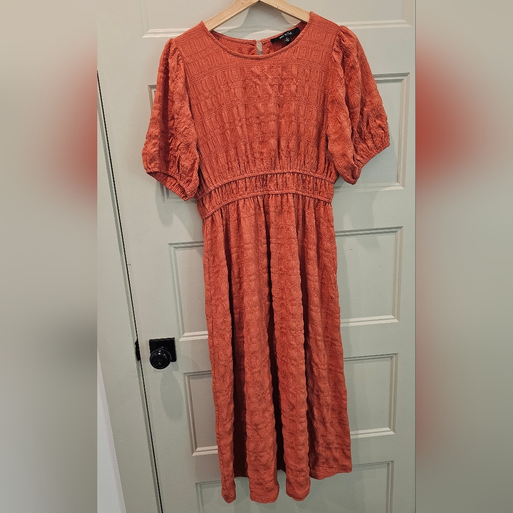 Rust Orange Puff Sleeve Crew Neck Midi Dress